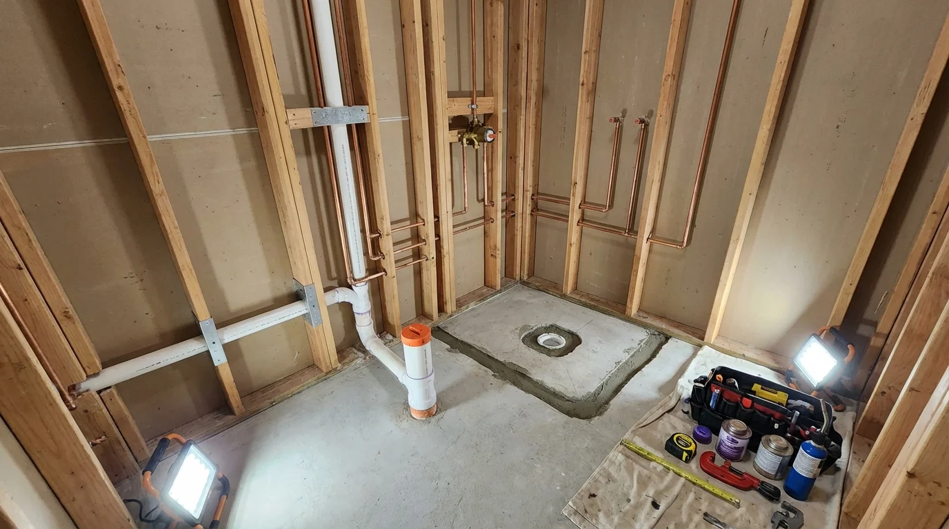 Bathroom rough-in plumbing during remodel by Johns Plumbing LLC in Spur