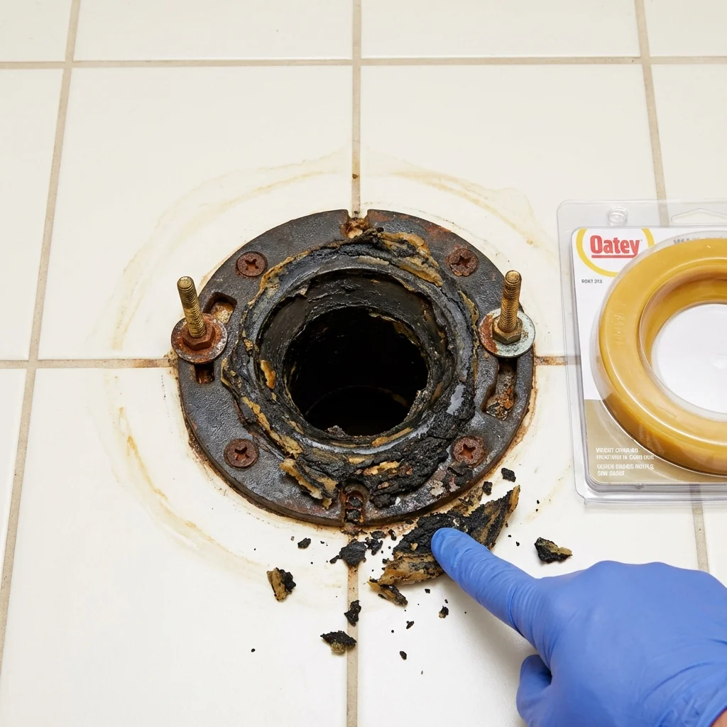 Failed wax ring showing water seepage at the base of a toilet in a Spur, TX home
