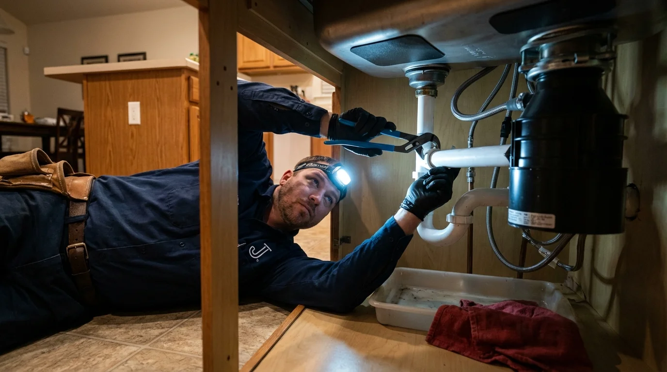 P-trap and supply line connections under a kitchen sink showing a common leak point in Spur, TX